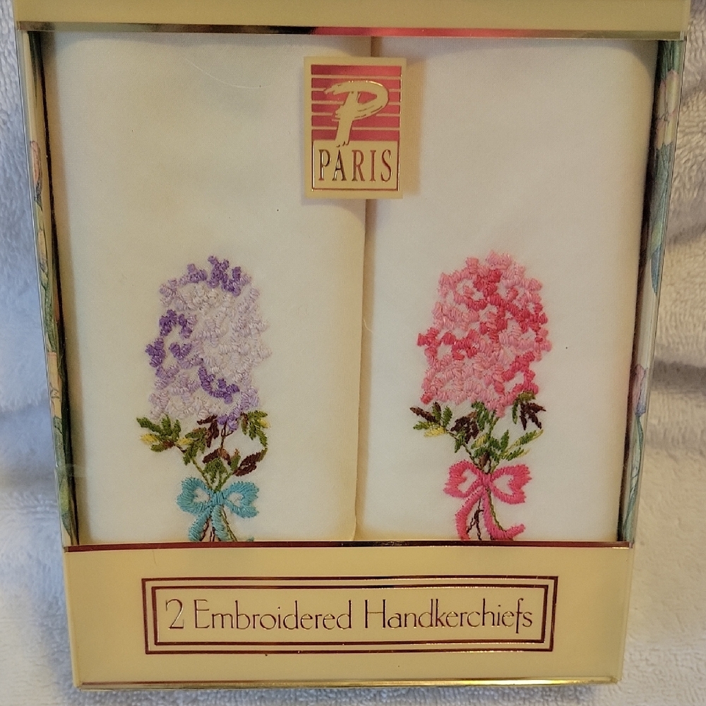 Paris Embroidered Handkerchiefs - White with Purple and Pink Floral Design
